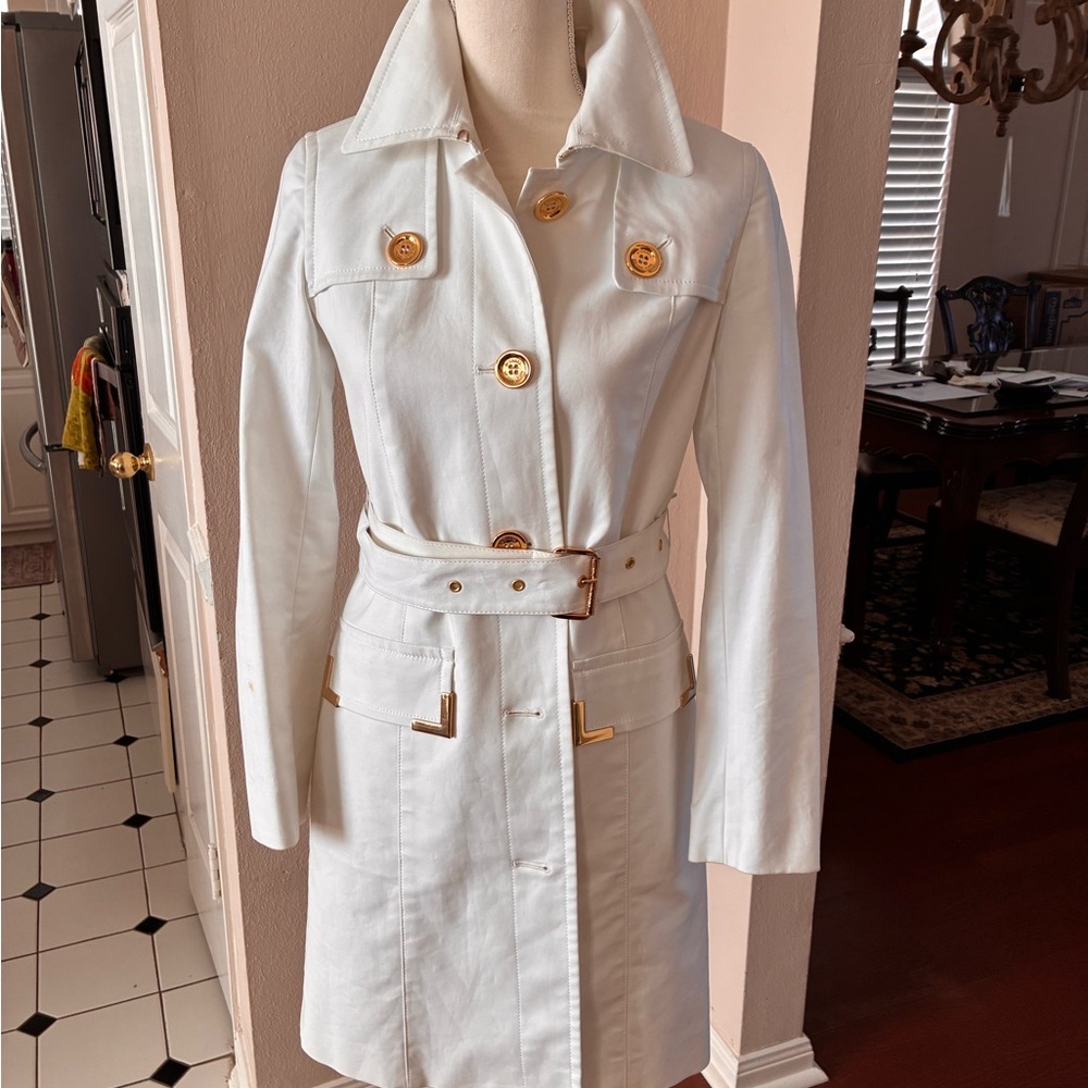 Michael Kors White Trench Coat with Gold Accents